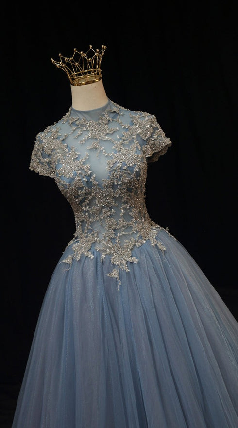 Light Blue High-Neck Tulle Ball Gown Wedding Dress - Embellished Wedding Dress - Aline Ball Gown Wedding Dress Plus Size